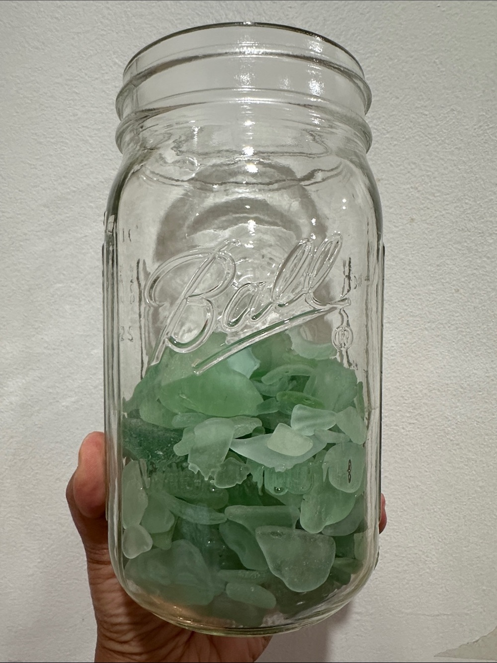 Jar of seafoam colored seaglass for beach, ocean decor from Southern California